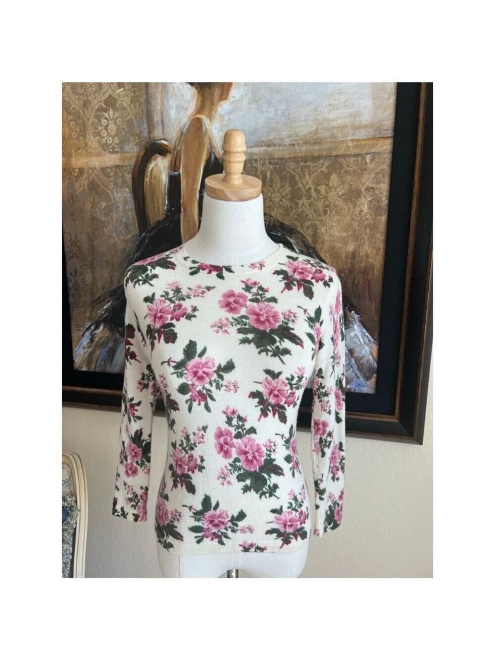 Brooks Brothers White Pink Floral Crew Neck Sweater S
